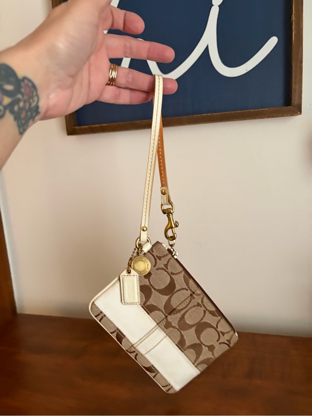 Coach Brown and Cream Signature Canvas Wristlet